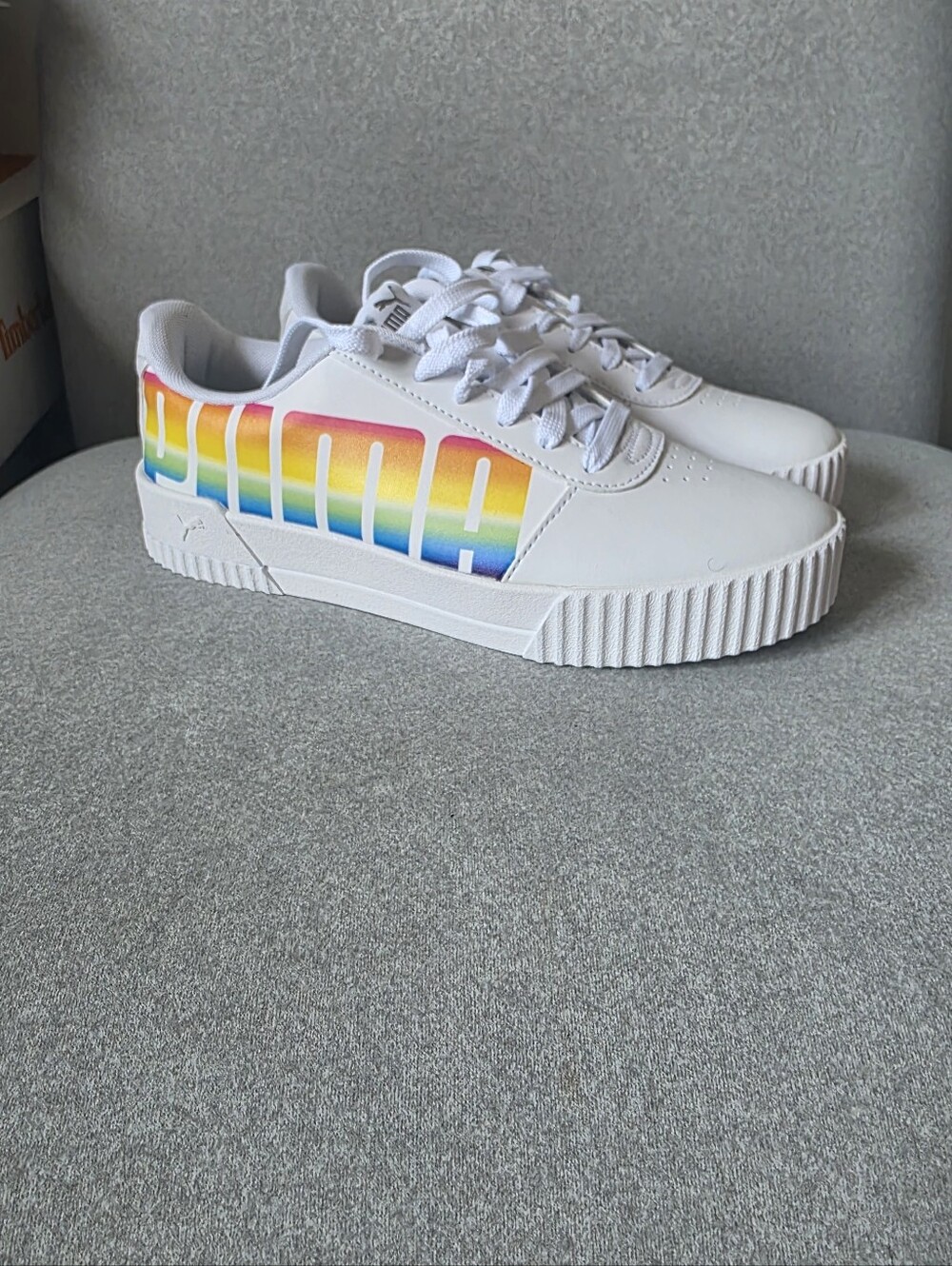 PUMA White Sneakers with Rainbow Stripes 6C Junior Width-M